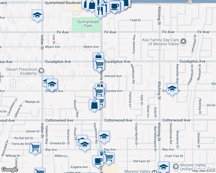 map of restaurants, bars, coffee shops, grocery stores, and more near 25086 Dracaea Avenue in Moreno Valley