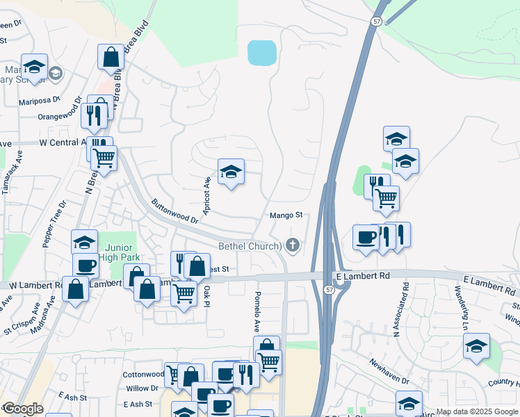 map of restaurants, bars, coffee shops, grocery stores, and more near 699 Balsa Avenue in Brea
