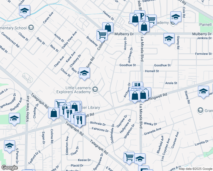 map of restaurants, bars, coffee shops, grocery stores, and more near 11231 Arroyo Drive in Whittier