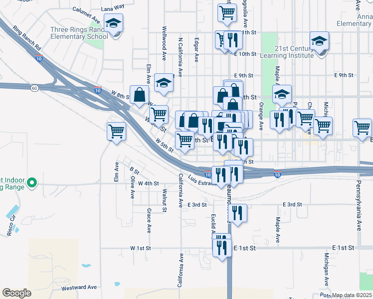 map of restaurants, bars, coffee shops, grocery stores, and more near 552 North California Avenue in Beaumont