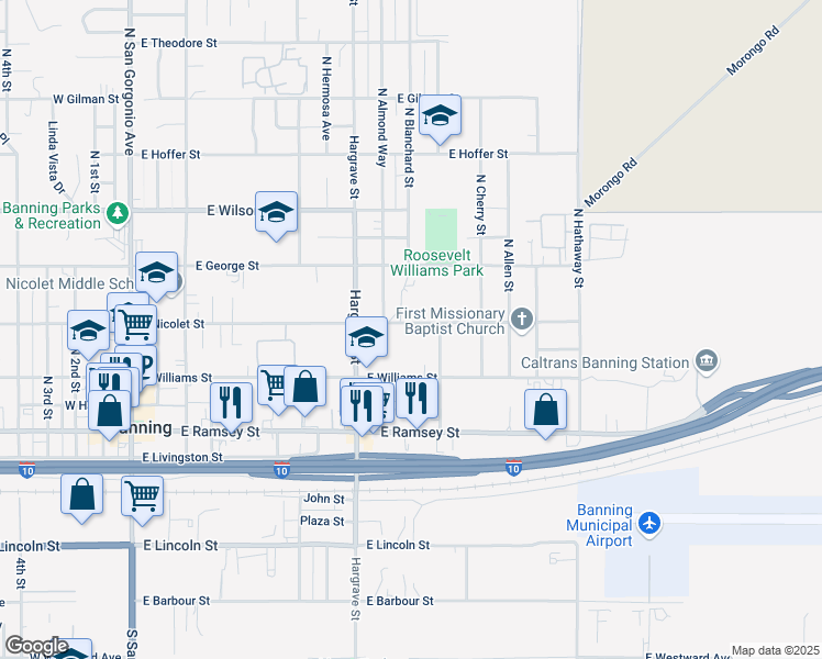 map of restaurants, bars, coffee shops, grocery stores, and more near 1010 East Nicolet Street in Banning