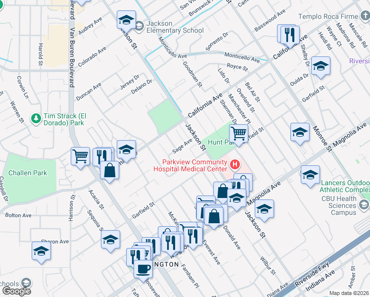 map of restaurants, bars, coffee shops, grocery stores, and more near 9154 Sage Ave in Riverside