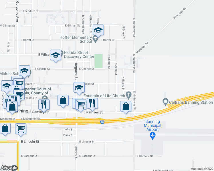 map of restaurants, bars, coffee shops, grocery stores, and more near 1242 East Nicolet Street in Banning