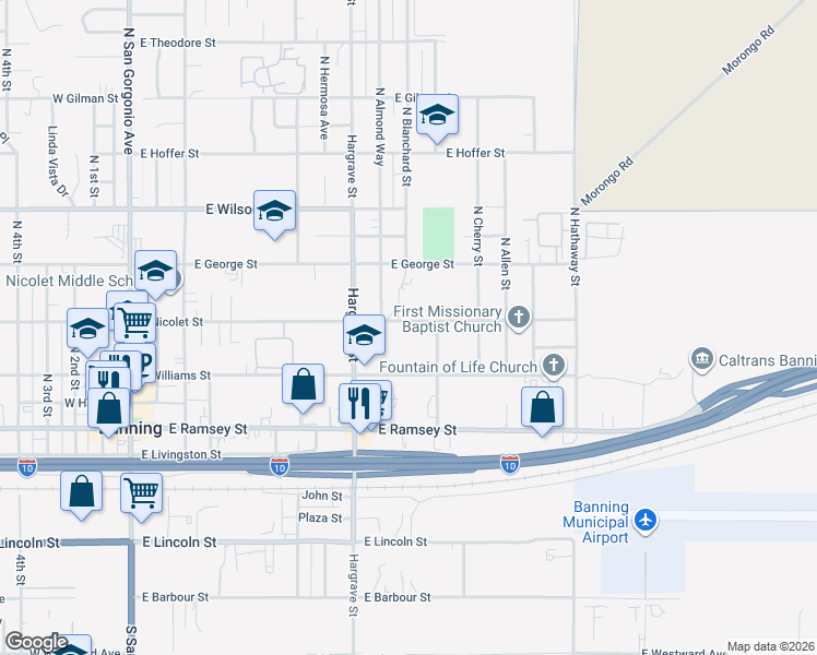 map of restaurants, bars, coffee shops, grocery stores, and more near 1010 East Nicolet Street in Banning