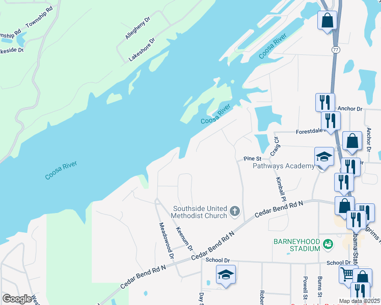 map of restaurants, bars, coffee shops, grocery stores, and more near 2202 Summerchase Drive in Gadsden