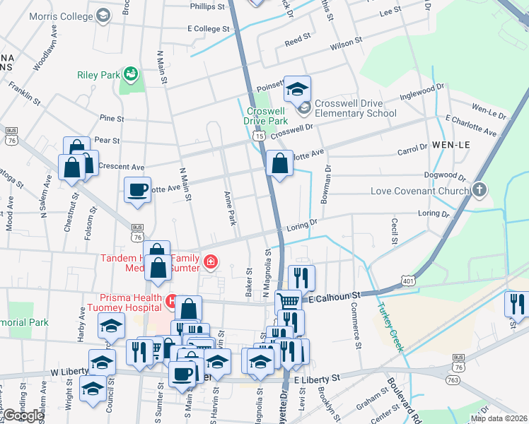 map of restaurants, bars, coffee shops, grocery stores, and more near 411 North Magnolia Street in Sumter