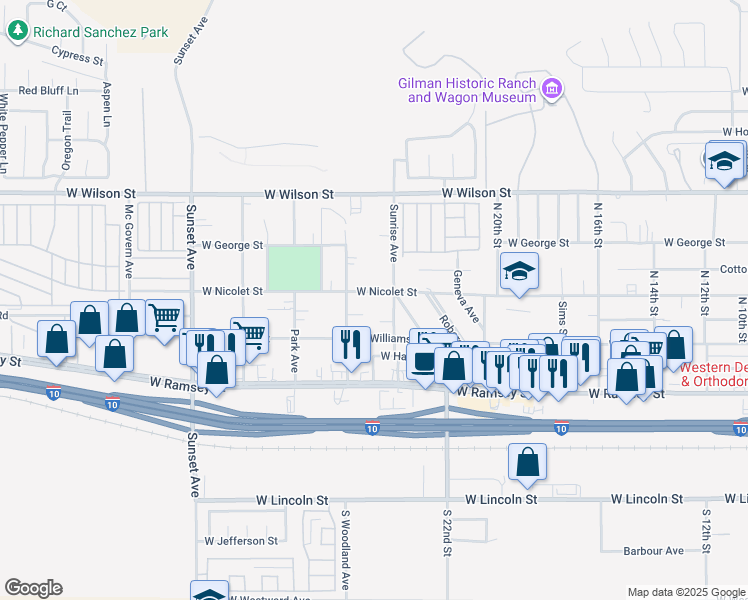 map of restaurants, bars, coffee shops, grocery stores, and more near 2480 W Nicolet St in Banning