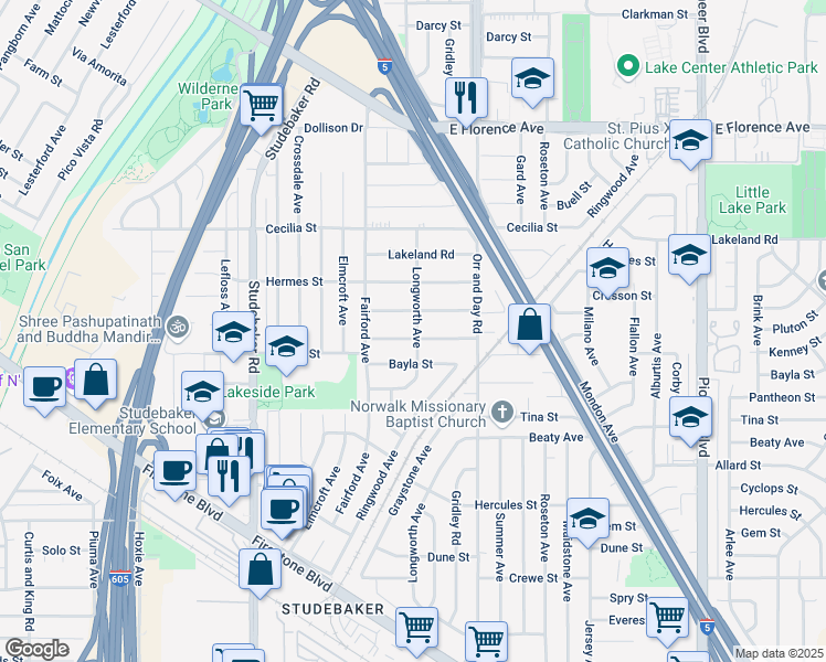 map of restaurants, bars, coffee shops, grocery stores, and more near 11239 Kenney Street in Norwalk