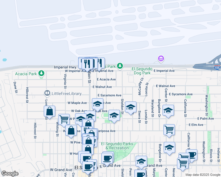 map of restaurants, bars, coffee shops, grocery stores, and more near 312 East Walnut Avenue in El Segundo