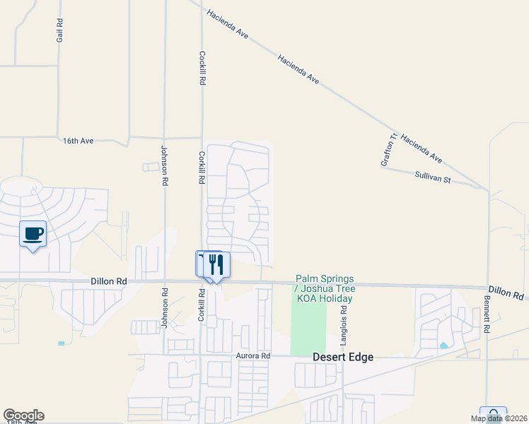map of restaurants, bars, coffee shops, grocery stores, and more near 70200 Dillon Road in Desert Hot Springs