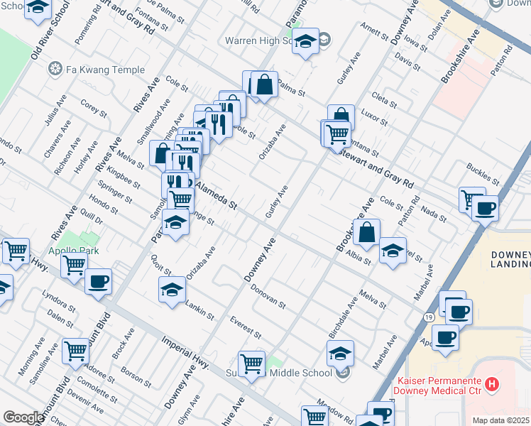 map of restaurants, bars, coffee shops, grocery stores, and more near 12145 Gurley Avenue in Downey