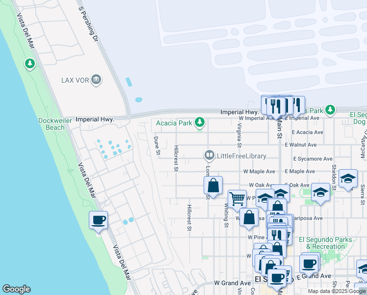 map of restaurants, bars, coffee shops, grocery stores, and more near 658 West Walnut Avenue in El Segundo