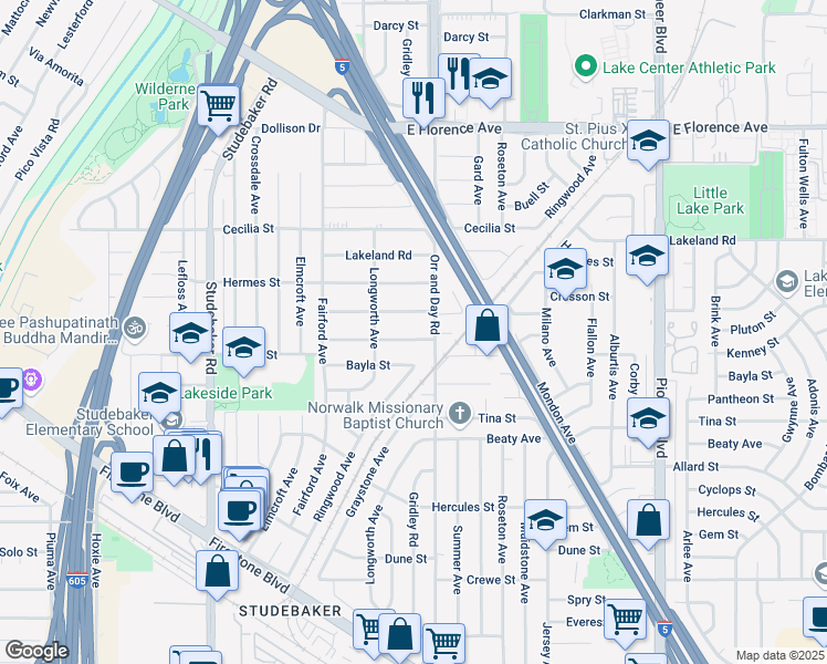 map of restaurants, bars, coffee shops, grocery stores, and more near 11322 Kenney Street in Norwalk