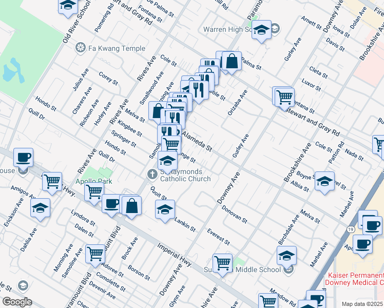 map of restaurants, bars, coffee shops, grocery stores, and more near 8113 Orange Street in Downey