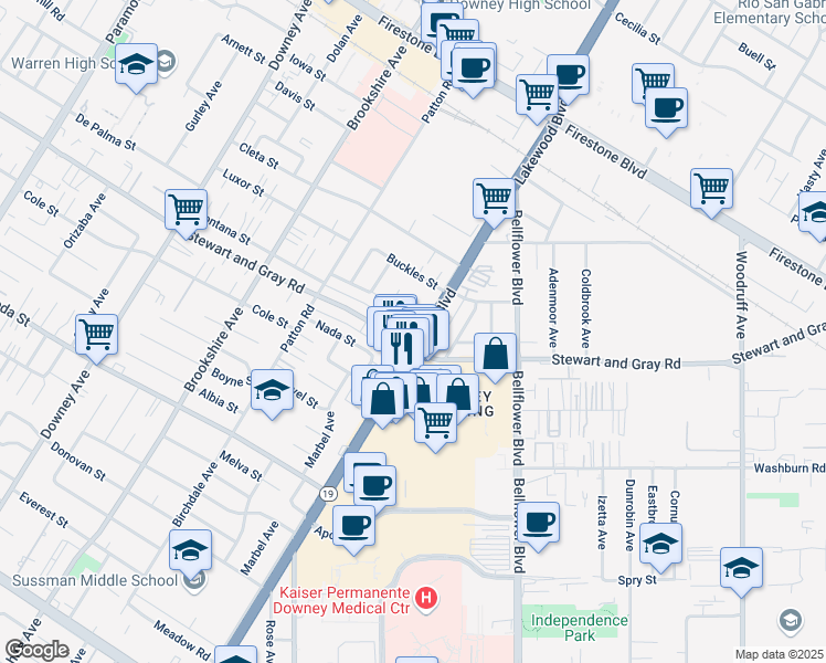 map of restaurants, bars, coffee shops, grocery stores, and more near 11801 Lakewood Boulevard in Downey