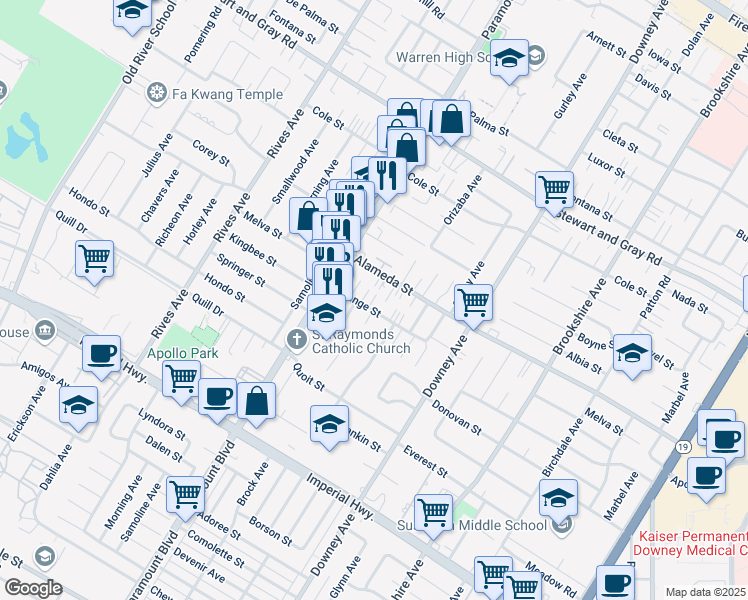 map of restaurants, bars, coffee shops, grocery stores, and more near 8127 Orange Street in Downey