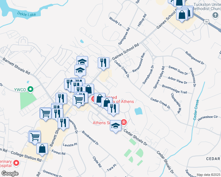 map of restaurants, bars, coffee shops, grocery stores, and more near 117 Barrington Drive in Athens