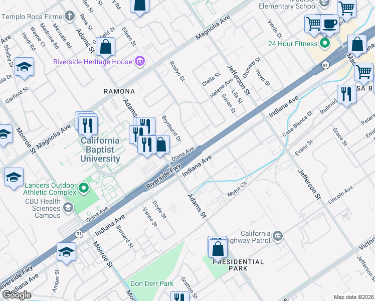 map of restaurants, bars, coffee shops, grocery stores, and more near 8211 Diana Avenue in Riverside