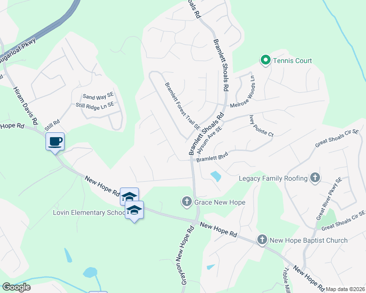 map of restaurants, bars, coffee shops, grocery stores, and more near 1106 Bramlett Forest Court Southeast in Lawrenceville