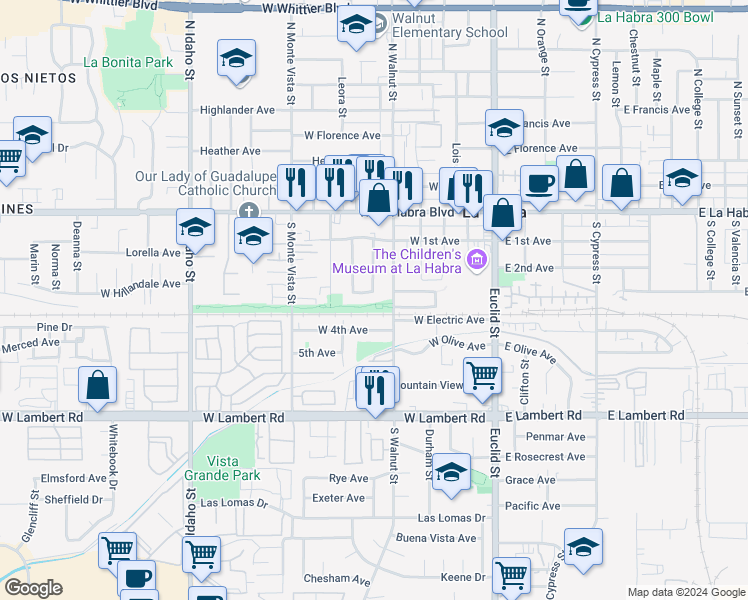 map of restaurants, bars, coffee shops, grocery stores, and more near 530 West 3rd Avenue in La Habra