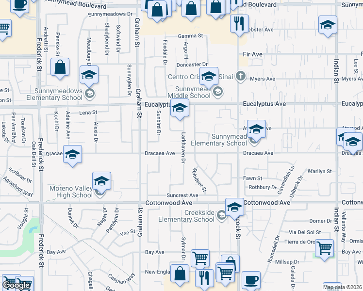 map of restaurants, bars, coffee shops, grocery stores, and more near 23719 White Owl Court in Moreno Valley