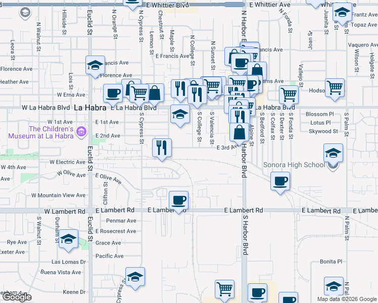 map of restaurants, bars, coffee shops, grocery stores, and more near 730 East 3rd Avenue in La Habra