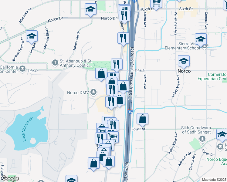 map of restaurants, bars, coffee shops, grocery stores, and more near 3220 Interstate 15 Business Loop in Norco