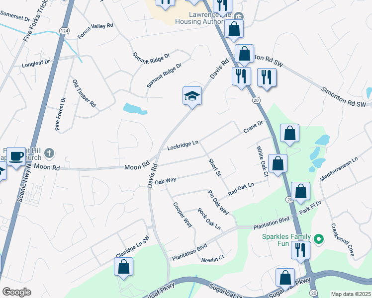 map of restaurants, bars, coffee shops, grocery stores, and more near 506 Lockridge Lane in Lawrenceville