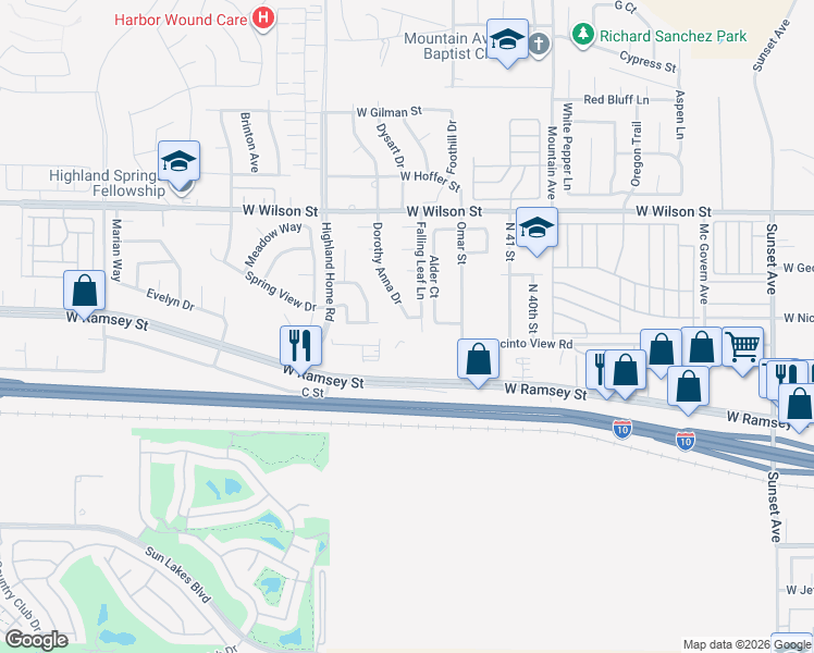 map of restaurants, bars, coffee shops, grocery stores, and more near 401 Dorothy Anna Drive in Banning