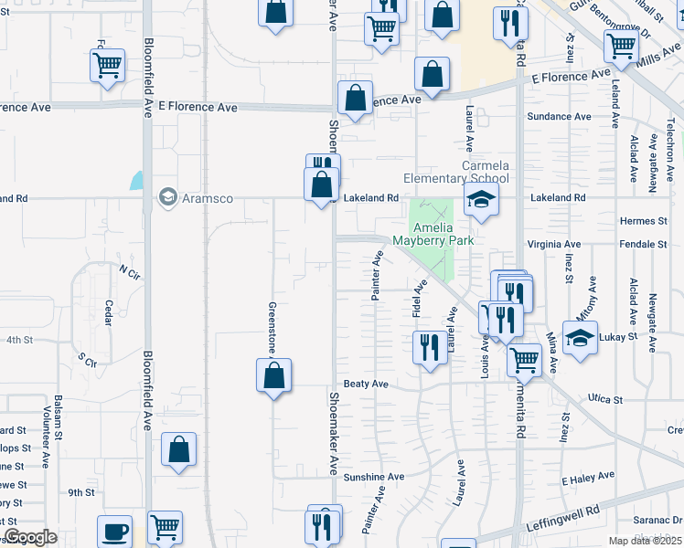 map of restaurants, bars, coffee shops, grocery stores, and more near 11310 Shoemaker Avenue in Whittier