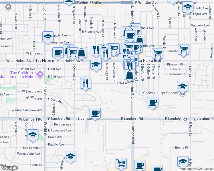 map of restaurants, bars, coffee shops, grocery stores, and more near 808 East 3rd Avenue in La Habra