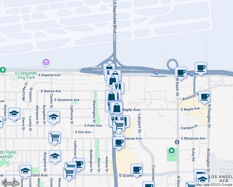 map of restaurants, bars, coffee shops, grocery stores, and more near 909n North Pacific Coast Highway in El Segundo