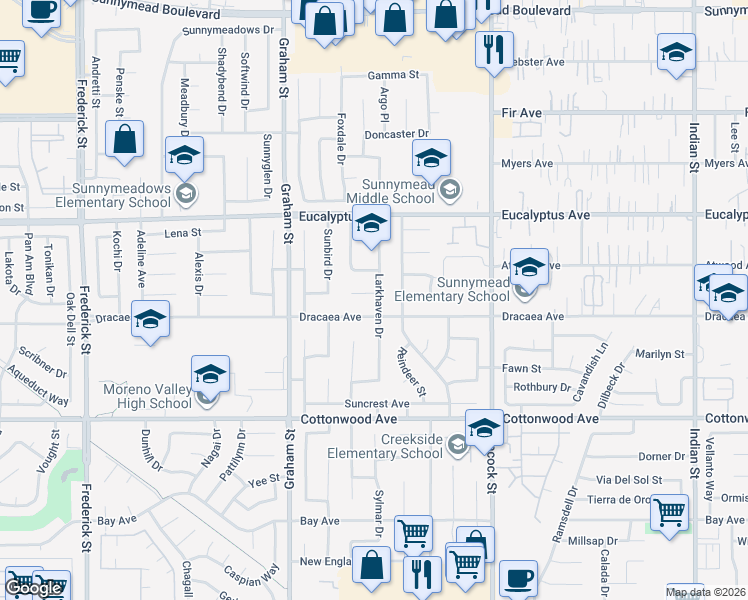 map of restaurants, bars, coffee shops, grocery stores, and more near 23719 White Owl Court in Moreno Valley