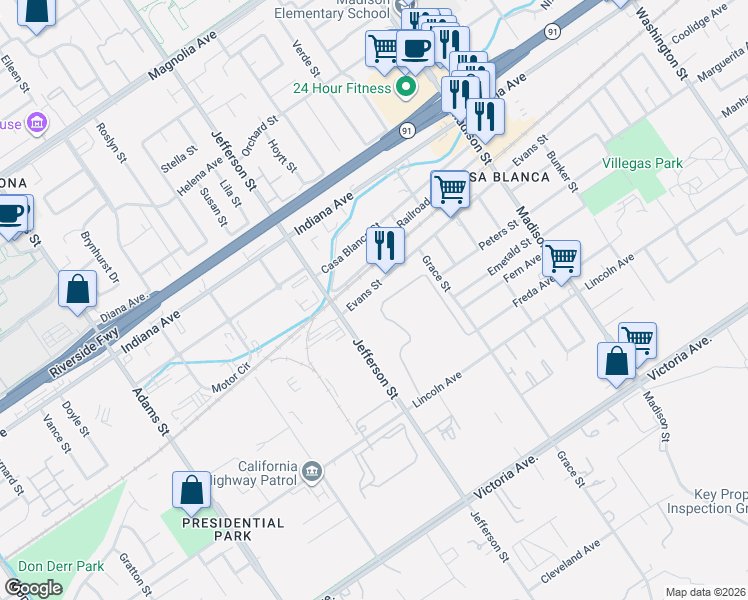 map of restaurants, bars, coffee shops, grocery stores, and more near 7828 Evans Street in Riverside