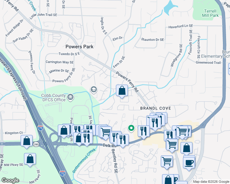 map of restaurants, bars, coffee shops, grocery stores, and more near 926 Cedar Creek South in Marietta