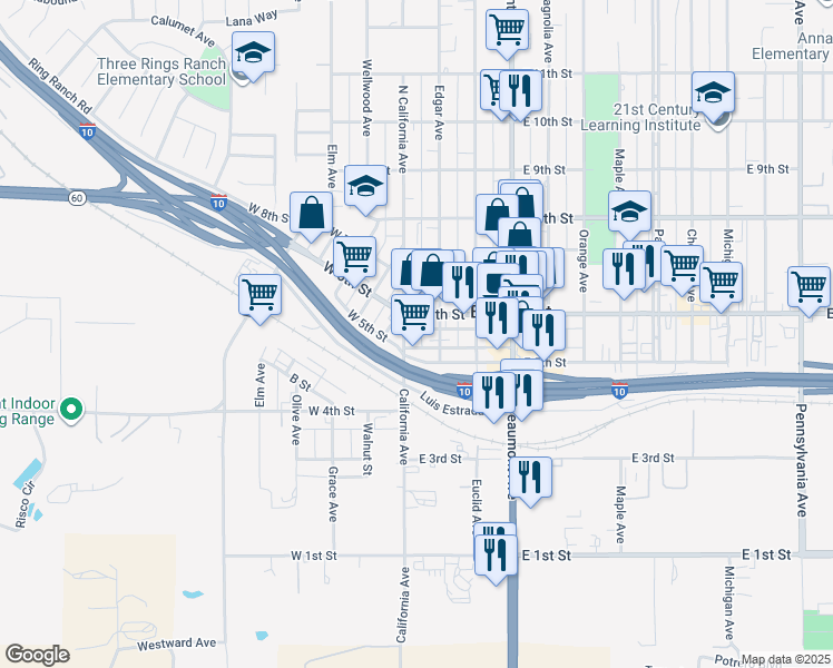map of restaurants, bars, coffee shops, grocery stores, and more near 531 Edgar Avenue in Beaumont