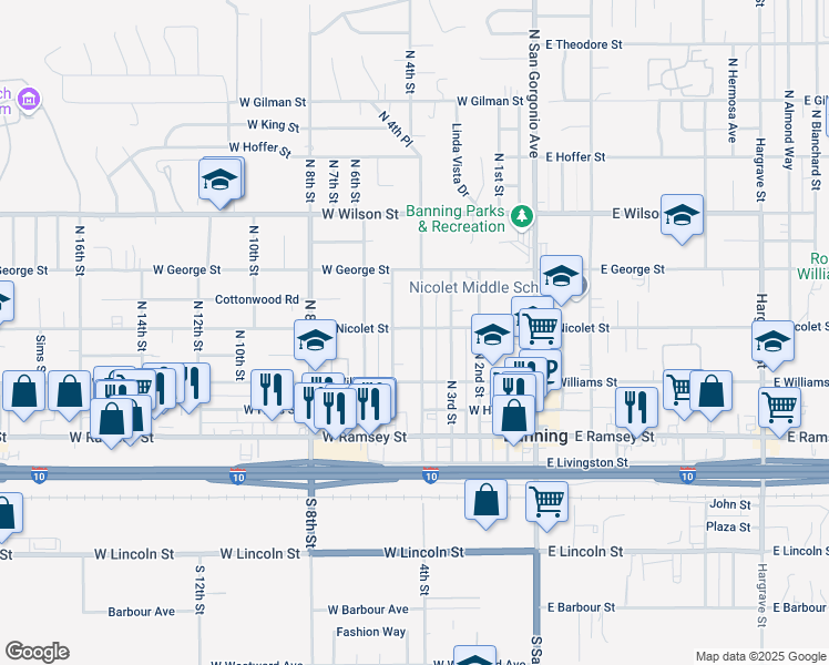 map of restaurants, bars, coffee shops, grocery stores, and more near 365 North 4th Street in Banning