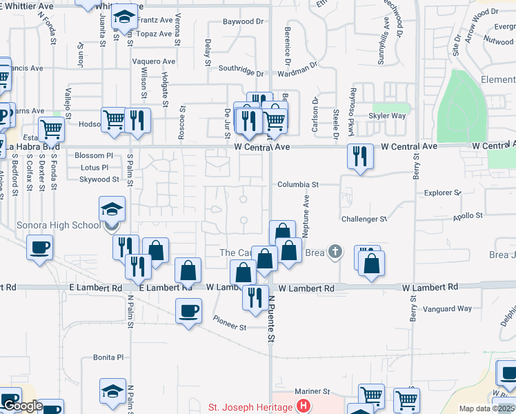 map of restaurants, bars, coffee shops, grocery stores, and more near 655 Wood Lake Drive in Brea