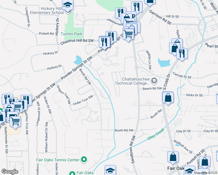 map of restaurants, bars, coffee shops, grocery stores, and more near 1115 Brownstone Drive Southwest in Marietta