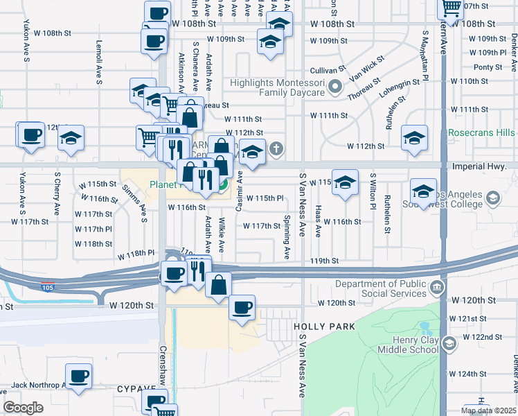 map of restaurants, bars, coffee shops, grocery stores, and more near 2425 West 116th Street in Hawthorne
