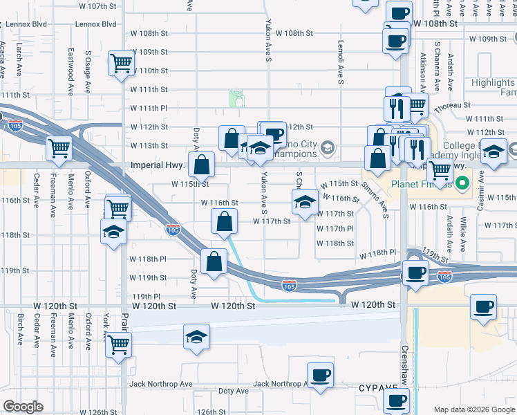 map of restaurants, bars, coffee shops, grocery stores, and more near 3547 West 117th Street in Inglewood