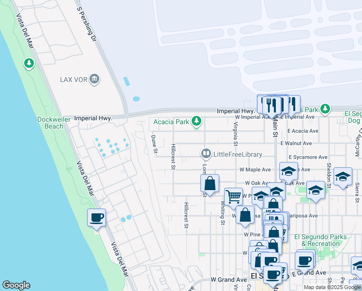 map of restaurants, bars, coffee shops, grocery stores, and more near 658 West Walnut Avenue in El Segundo
