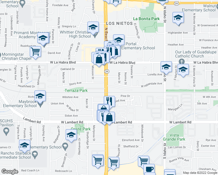 map of restaurants, bars, coffee shops, grocery stores, and more near 410 South Beach Boulevard in La Habra