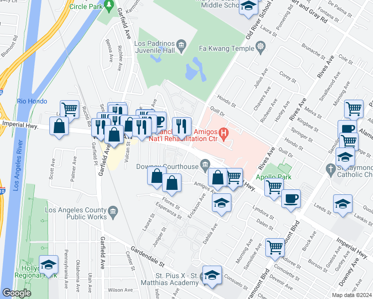 map of restaurants, bars, coffee shops, grocery stores, and more near 7332 Imperial Highway in South Gate