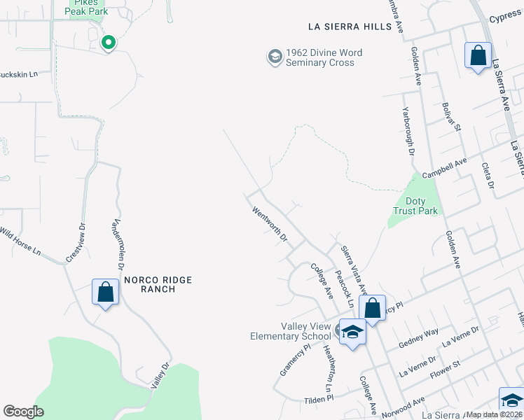 map of restaurants, bars, coffee shops, grocery stores, and more near 5557 Wentworth Drive in Riverside