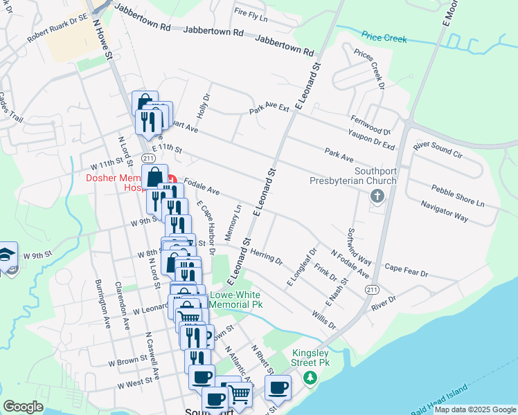 map of restaurants, bars, coffee shops, grocery stores, and more near 626 North Fodale Avenue in Southport
