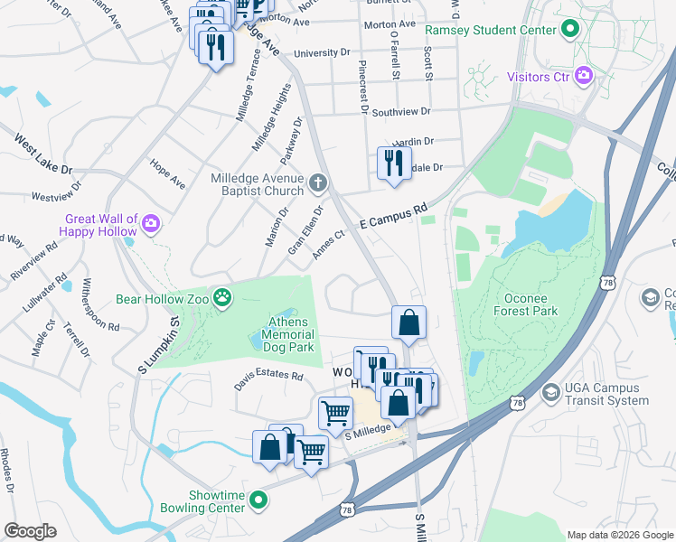 map of restaurants, bars, coffee shops, grocery stores, and more near 138 Habersham Drive in Athens