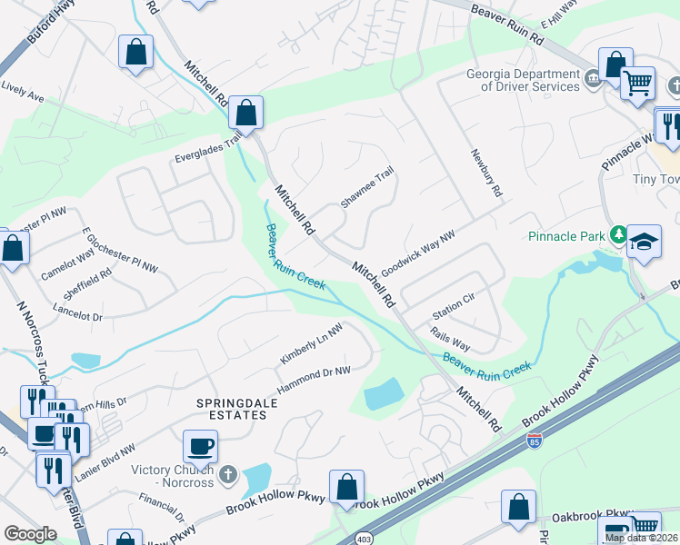 map of restaurants, bars, coffee shops, grocery stores, and more near 2155 Mitchell Road Northwest in Norcross