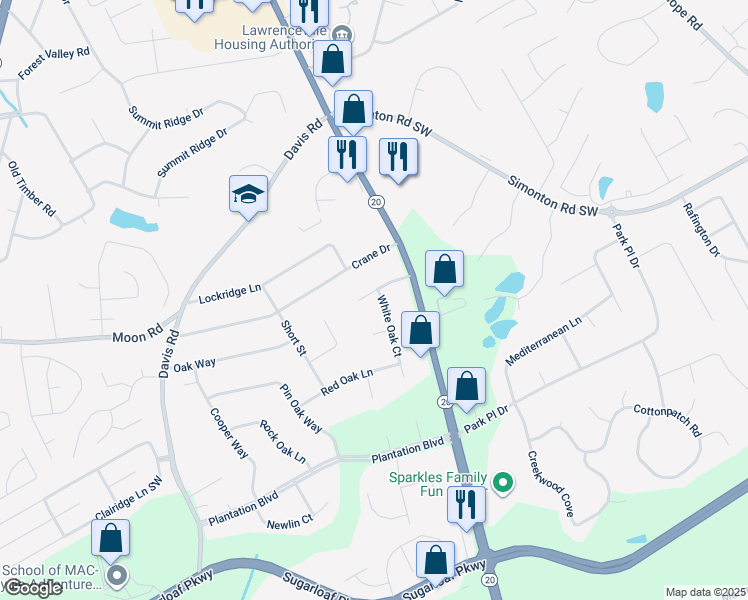 map of restaurants, bars, coffee shops, grocery stores, and more near 366 Black Oak Court in Lawrenceville