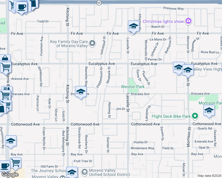 map of restaurants, bars, coffee shops, grocery stores, and more near 25884 Dracaea Avenue in Moreno Valley